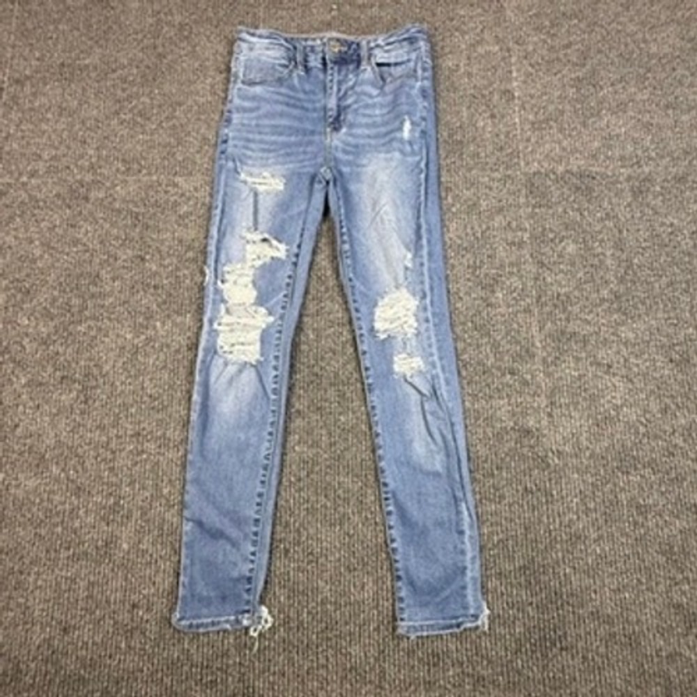 American Eagle Super Hi-Rise Jegging Womens 4 Blue Distressed Next Level Stretch